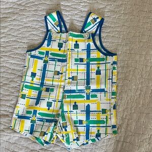Baby Paintbrush Print Romper - Blue Green Yellow vintage